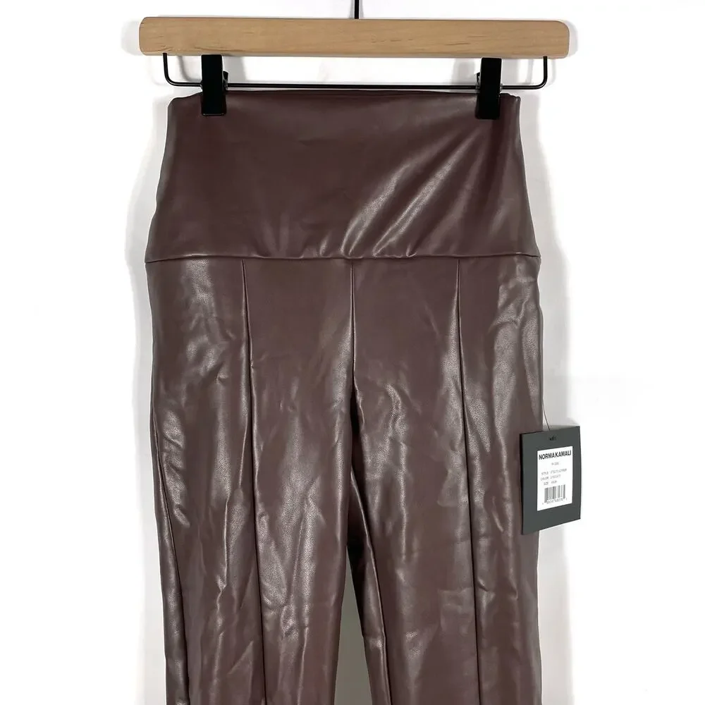 Norma Kamali Spat Legging Faux Leather Pants Chocolate Brown Flare Split Sz XS - Picture 6 of 11